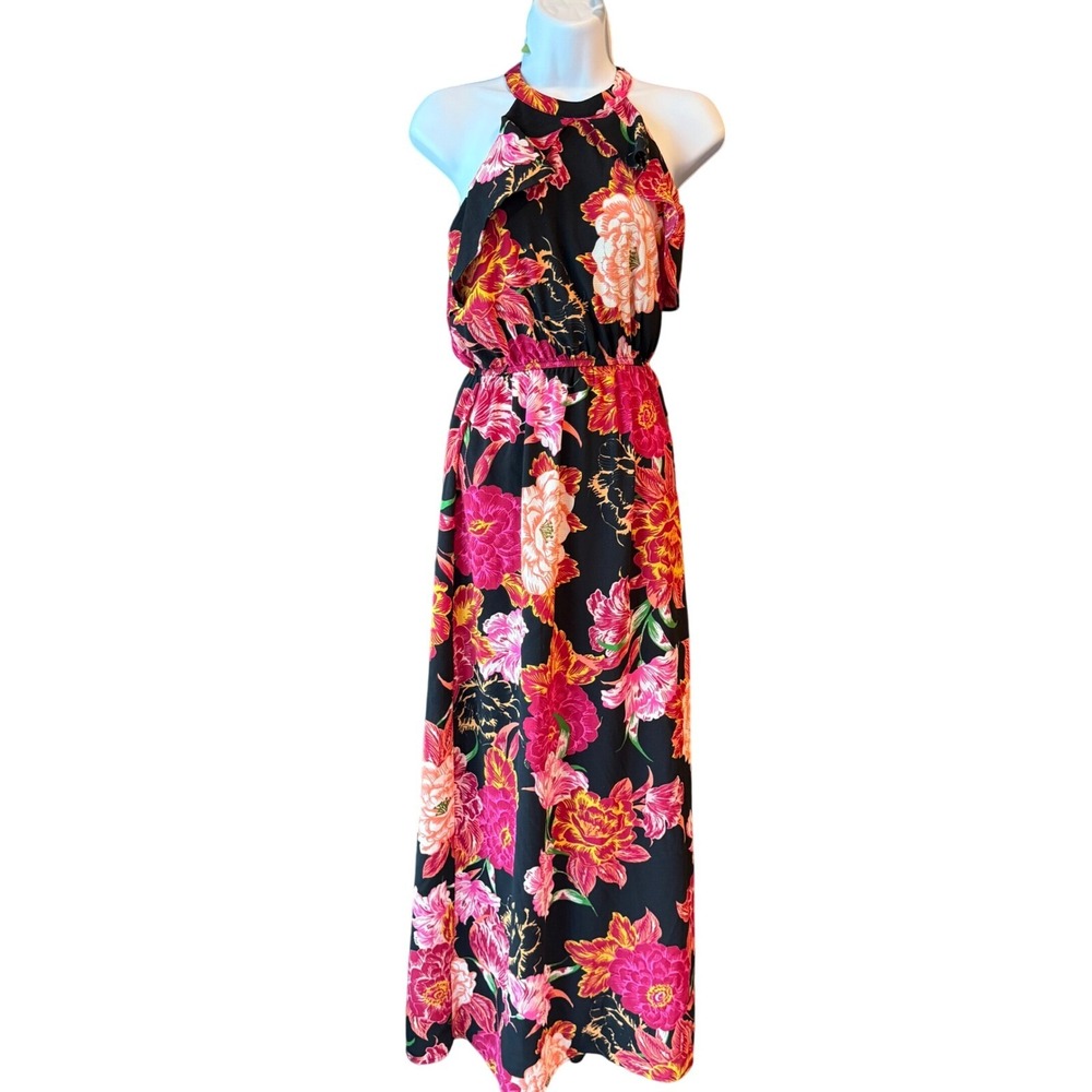 ONE CLOTHING Halter Maxi Dress Ruffle Detail Black Multi Size Small Resortwear